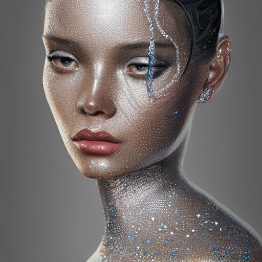 a beautiful portrait of a diamond goddess with glittering skin, a detailed painting by greg rutkowski and raymond swanland, behance contest winner, photorealism, behance hd, daz 3 d, zbrush 