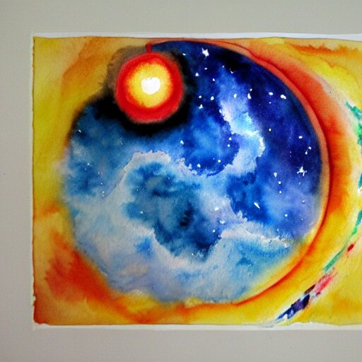 planets colliding, space, stars, sun, earth, planets, explosions, huge explosions in space, watercolor art 