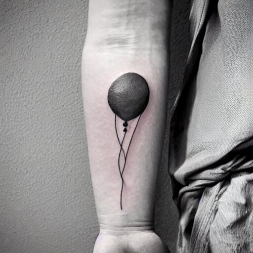 a tattoo of multiple small balloons floating up, tattoo art, black and white tattoo,