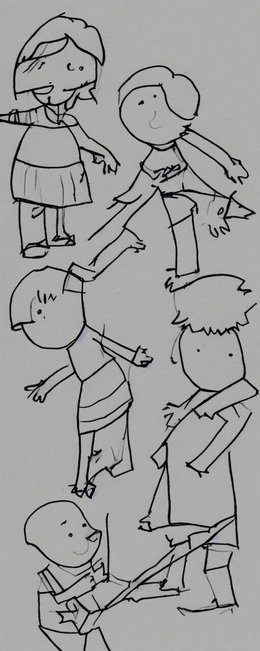 a child's simple drawing of playing with a friend, concept art, sparse layout 