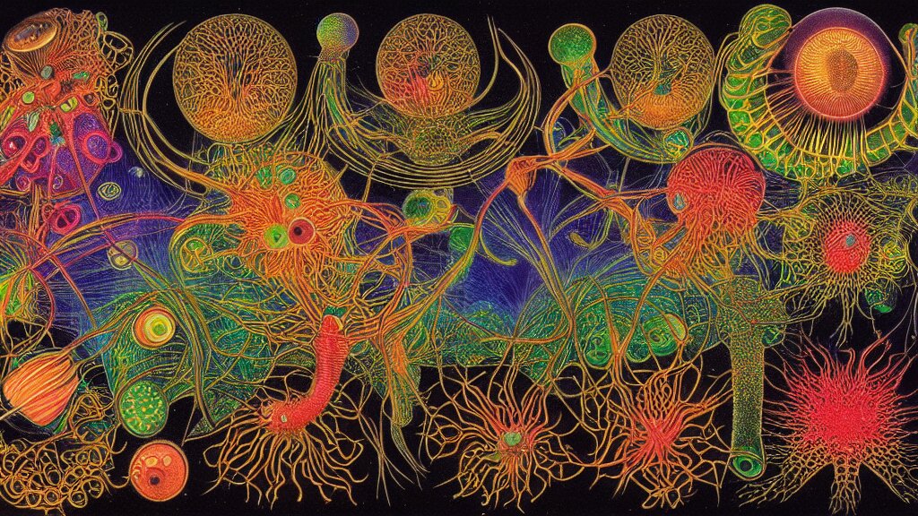 quantum connections represented as symbiotic organisms like cells playing around with colorful lights by ernst haeckel, smooth, sharp, realistic 