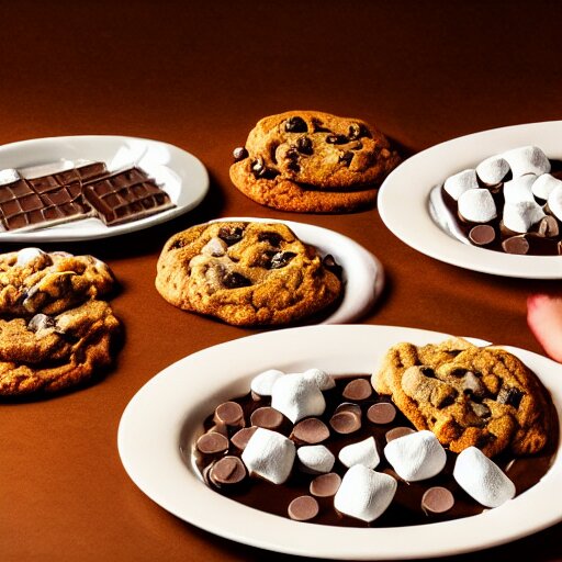 opulent banquet of plates of freshly baked chocolate chip cookies, delicious, glistening, chocolate sauce, marshmallows, highly detailed, food photography, art by rembrandt 