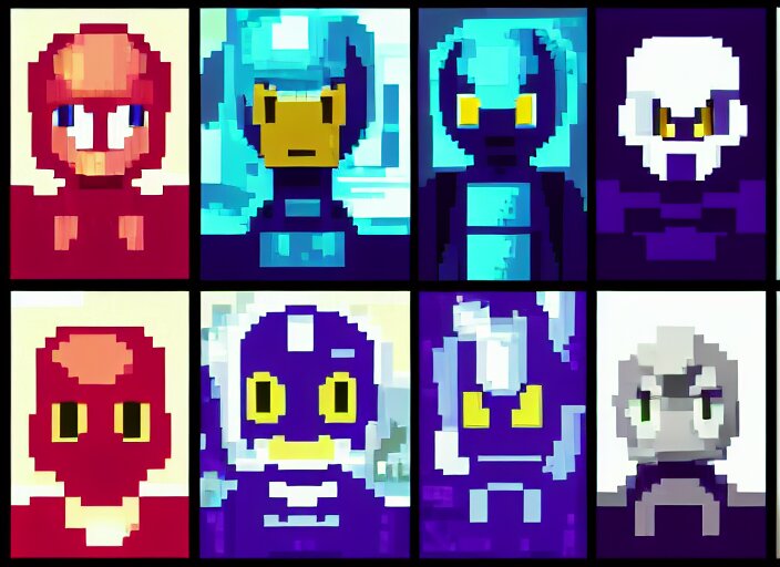 a 3 - by - 3 grid of 9 framed closeup face portraits of cute evil robots, in the style of mega man. 