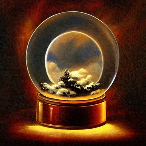 a snow globe with a lightning storm inside. Atmospheric, beautiful oil painting trending on artstation. Rich colors, dramatic lighting