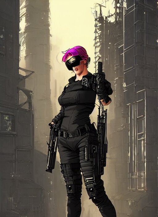 feminist selina. gorgeous female cyberpunk assassin wearing a military vest, and tactical jumpsuit. gorgeous face. realistic proportions. concept art by james gurney and laurie greasley. moody industrial skyline. artstationhq. creative character design for cyberpunk 2 0 7 7. 