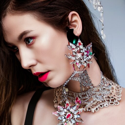 fashion photo, haute couture female model wearing bejeweled scissor earrings:5, bejeweled scissor chest plate:5, bejeweled scissor bracelets:5, hyper realistic, detailed, dramaticly beautiful, 8k, Octane