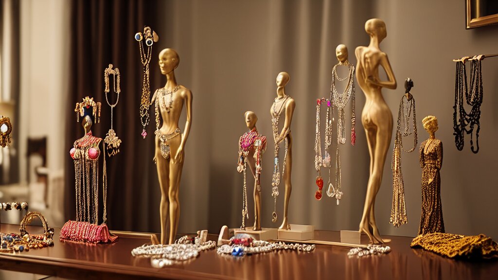 a woman made of jewelry stands in the living room, film still from the movie directed by Denis Villeneuve with art direction by Salvador Dalí, wide lens, 4K, realistic