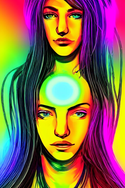 a award winning half body portrait of a beautiful woman with stunning eyes in a croptop and cargo pants with rainbow colored hair, routlined by whirling illuminated neon lines, fine rainbow colored lines swirling in circles, outrun, vaporware, shaded flat illustration, halftone, digital art, trending on artstation, highly detailed, fine detail, intricate 