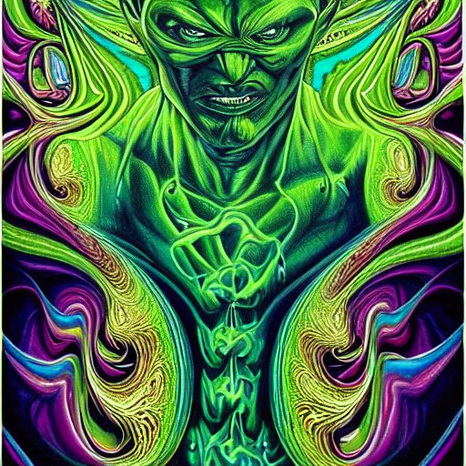 the incredible hulk becomes a fractal, painted by alex grey. psychedelic visionary art 