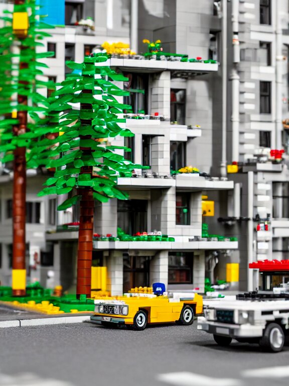 detailed miniature lego diorama a soviet residential building, brutalism architecture, car parking nearby, elderly man passing by, warm and joyful atmosphere, summer, streetlamps, several birches nearby 