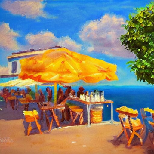 small cafe in italy, capri coast, sea, sunny day, summer, clouds on the sky, oil painting style, 