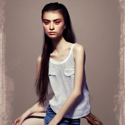 gracefully enchanting studio portraiture of finely fashionable, elegantly dressed, stunning reserved young uzbek model who is slender, tank top, denim shorts. digital art by killian eng and range murata 