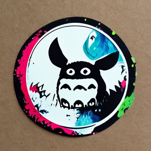 die cut sticker, totoro with princess mononoke mask, splatter paint 