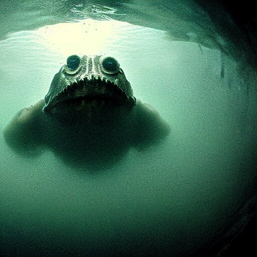 sea monster about to eat pov underwater, pale skin, dark yellowish water, foggy water, dark, dramatic,'silent hill ', big eyes, alluring and terrifying, cinematic 