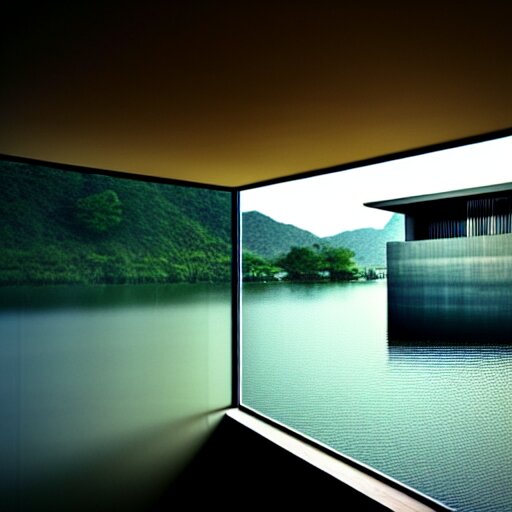 modern house on the lake, artwork by tadao ando, mystic, melancholy, pinhole analogue photo quality, lomography, blur, unfocus, cinematic, foil effect, holographic effect 