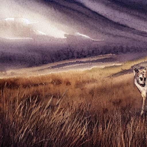 wide portrait of a wolf in a beautiful natural scene. heath, sand dune, dry grass and trees. beautiful light, dramatic clouds. soft colour scheme. beautiful artistic detailed watercolor illustration by lurid ( 2 0 2 2 ). 