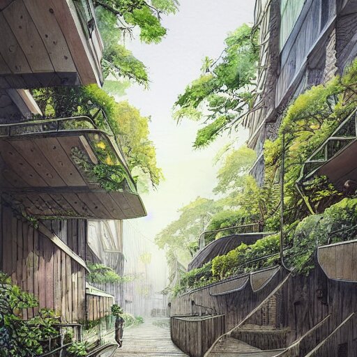 Wooden footpath next to narrow canal between buildings in beautiful overgrown futuristic sci-fi city in harmony with nature. Nice colour scheme, soft warm colour. Beautiful detailed watercolor by Lurid. (2022)