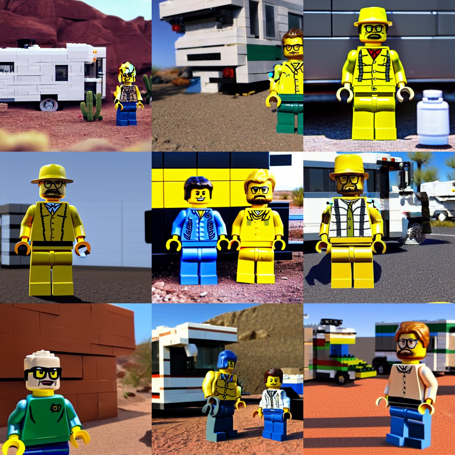 realistic lego set of walter white from breaking bad standing in underwear outside rv in arizona desert 