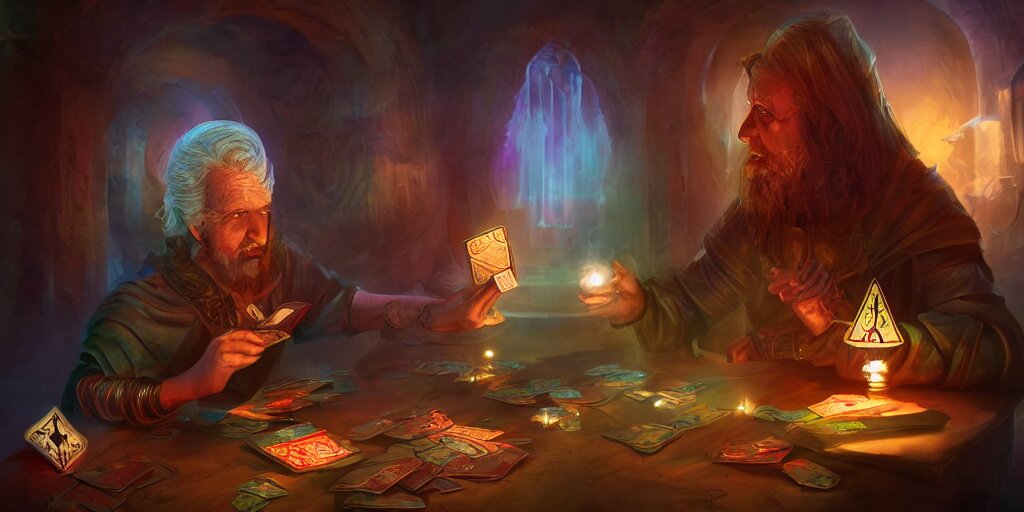 wizard shuffling cards, cards, fantasy, digital art, soft lighting, concept art, vibrant, 8 k 