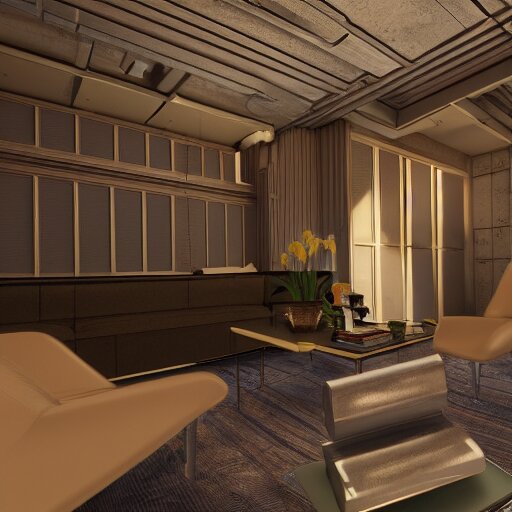 Sci fi living room engine room, electric wallpaper, unreal engine 5 tech demo, zillow interior, cool tint, metallic reflective, octane render, Frank Lloyd Wright ((Studio Ghibli))