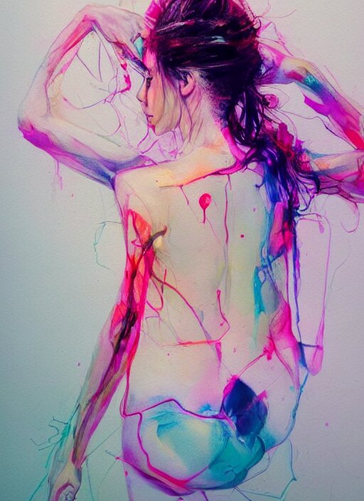 gorgeous woman in short by agnes cecile, view from back, bent - over posture, half body portrait, extremely luminous bright design, pastel colours, ink drips, autumn lights 