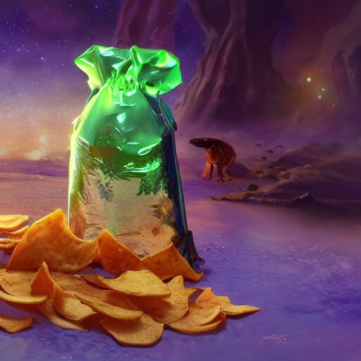 fantasy shiny bag of tortila chips, high detail, fantasy art, concept art, 4 k, ultra detail, computer art 