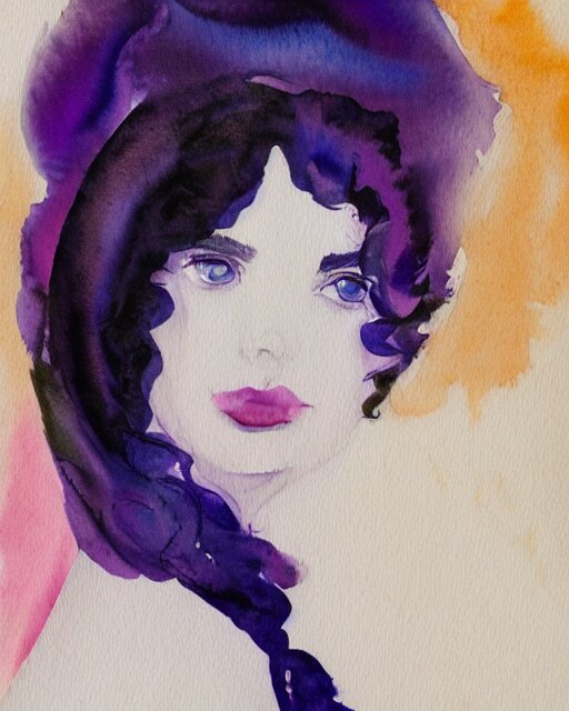 watercolor picture of a beautiful young woman in white dress, looking back at the camera, blue eyes, purple hair, high key, watercolor