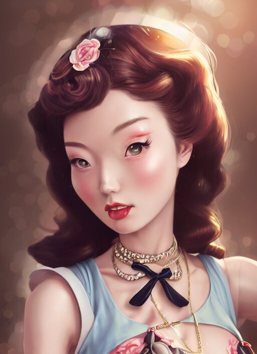 a pin up and beautiful fashion dreamlke japan girl with lv jewelry, character art, art by artgerm, wlop, loish, hyperdetailed, 8 k realistic, symmetrical, global illumination, radiant light, frostbite 3 engine, cryengine, dof, trending on artstation, digital art, chanel, dior, detailed background 