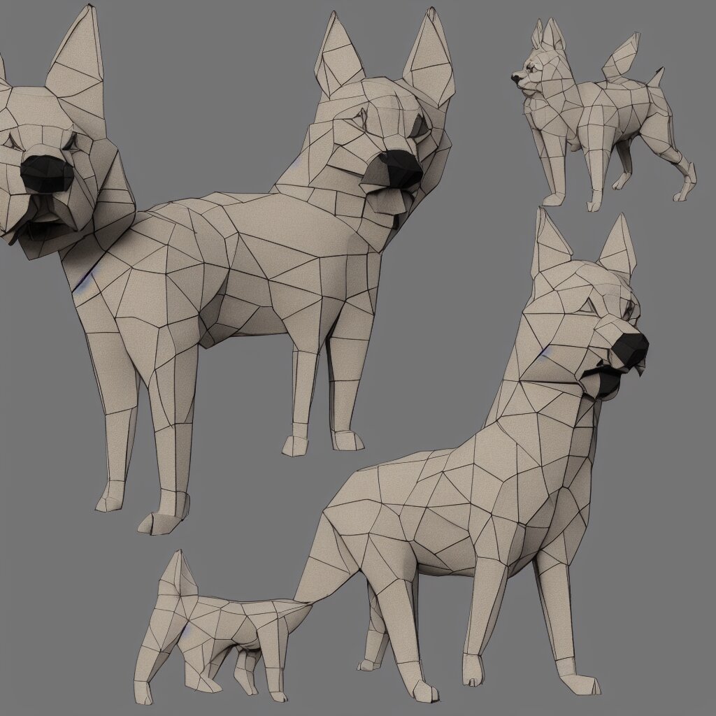 3 d rendering of japanese paper origami of simplified shape of german shepherd, 2 d image 