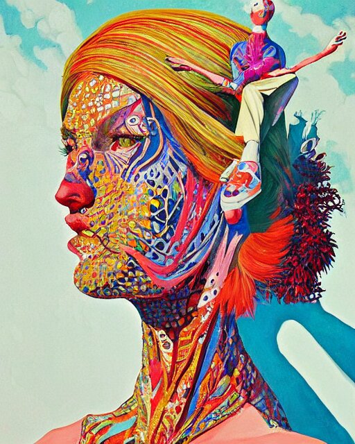 a beautiful girl wearing colourful face paint surrounded by bright intricate patterns, painted by edward hopper, wayne barlowe, painted by james gilleard, airbrush, art by jamesjean 