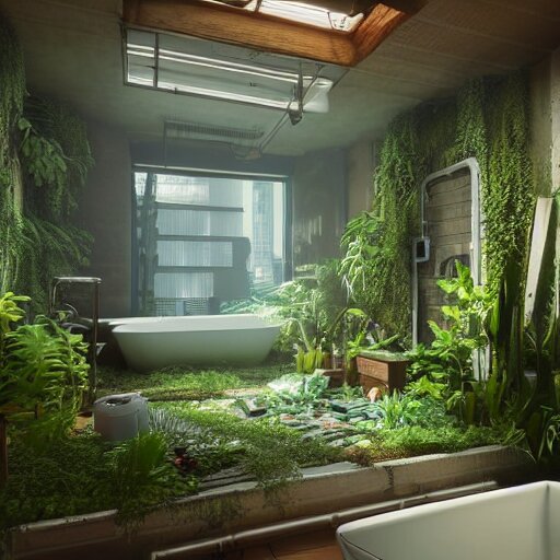 a bathroom with a lot of plants inside of it, cyberpunk art by Gregory Crewdson, unsplash, ecological art, reimagined by industrial light and magic, rendered in unreal engine, diorama