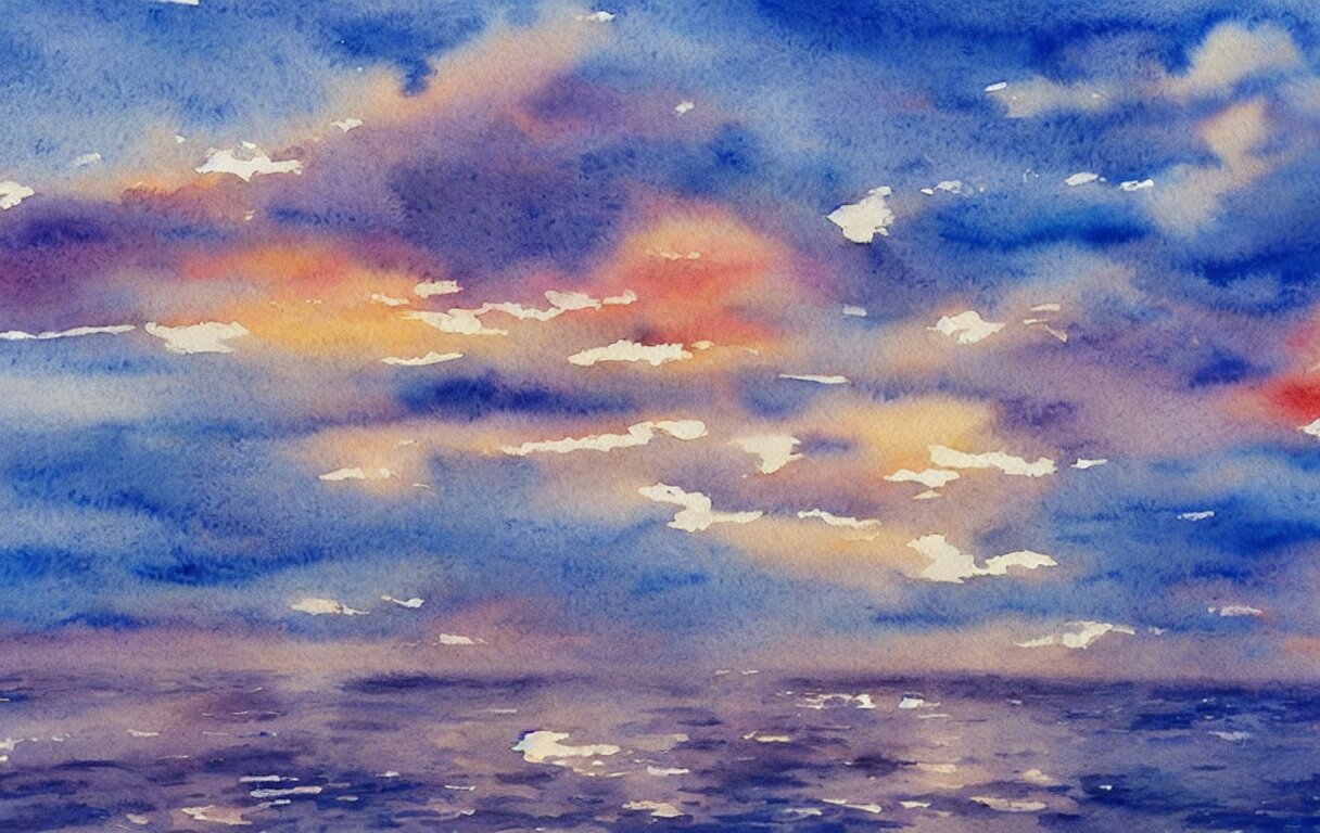 a beautiful watercolor painting of a beautiful ocean with peaceful fluffy clouds in the sky 