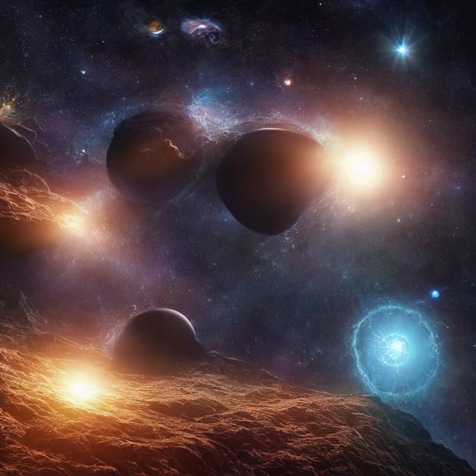 beautiful image of the first day of creation of the world and matter in the dark deep space, light and darkness separated, planets, under a black night sky of astronomical glittering starlight in the outer reaches of the solar system beyond, trending on artstation, octane render, symmetry by raqib shaw, presence of god, eye of god. 