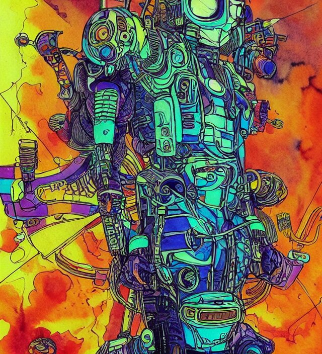 a watercolor ink painting of a cybernertic punk / raver in the style of jean giraud in the style of moebius trending on artstation deviantart pinterest detailed realistic hd 8 k high resolution 