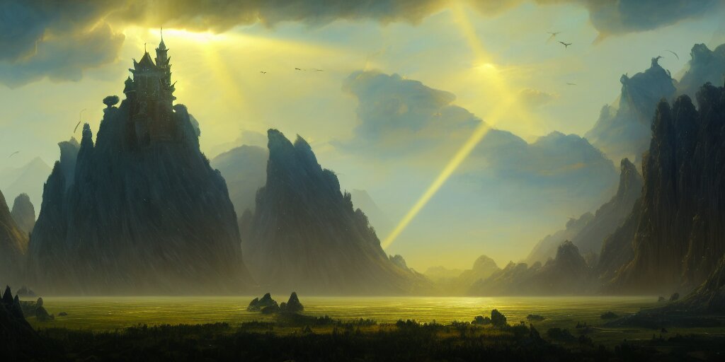 a beautiful fantasy landscape, medieval tower, majestic, god rays, silhouette of a flock of birds in the sky, extremely detailed digital painting, in the style of fenghua zhong and ruan jia and jeremy lipking and peter mohrbacher, mystical colors, rim light, beautiful lighting, 8 k, stunning scene, raytracing, octane, trending on artstation 