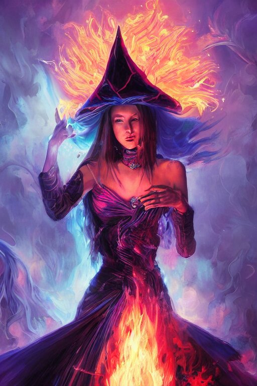 a fancy portrait of a beautiful dark magician women wearing a great witches hat covered in colourfull flames by Greg Rutkowski, Sung Choi, Mitchell Mohrhauser, Maciej Kuciara, Johnson Ting, Maxim Verehin, Peter Konig, final fantasy , mythical, 8k photorealistic, cinematic lighting, HD, high details, atmospheric,