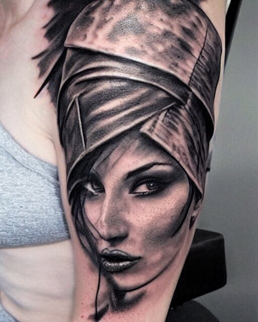 A beautiful woman warrior faded on a background of a beautiful pirate ship, realism tattoo drawing, hyper realistic, shaded