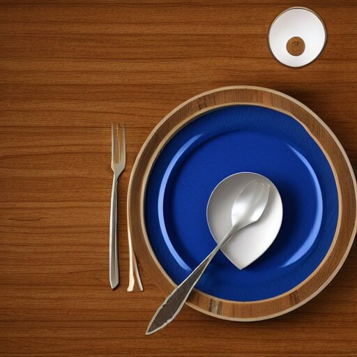 a hyperdetailed blue fork, 3 d render, ultra high detail, octane render, rtx, hdr, the fork is on a plate, the plate is on a wooden table. 