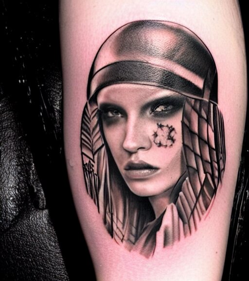 tattoo design on white background of a beautiful girl warrior, hyper realistic, realism tattoo, by eliot kohek 