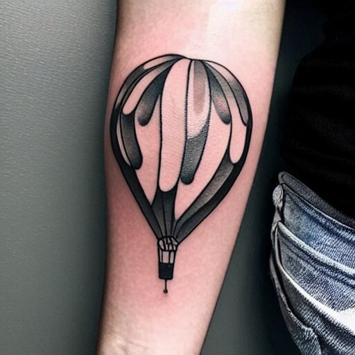 a tattoo of multiple small balloons floating up, tattoo art, black and white tattoo,