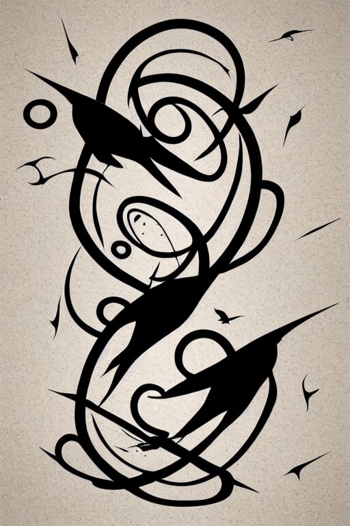 a beautiful tattoo design of minimalist swallows flying across geometric spirals, black ink, abstract logo, line art, vector graphics 