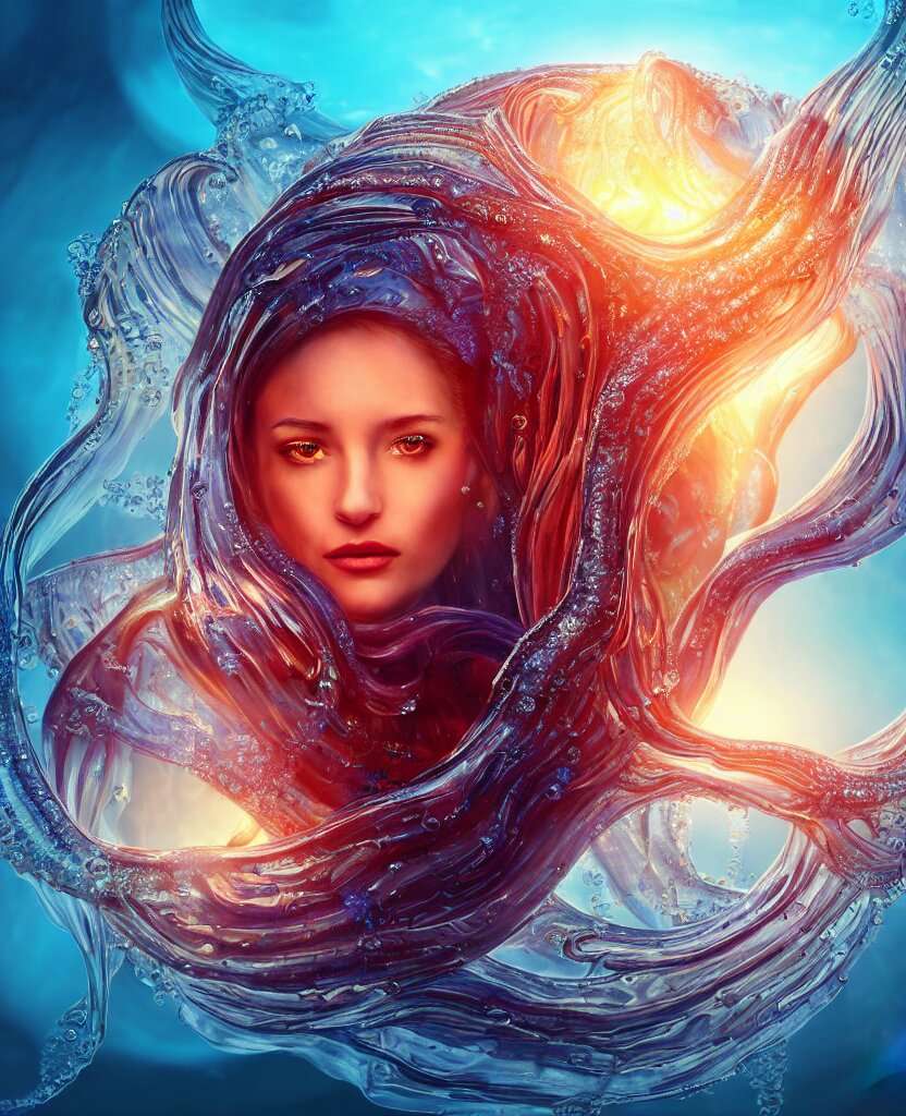 close-up portrait of the face of a beautiful princess in a twisted glass mask floating on the edge of the water, epic angle and pose, symmetrical artwork, 3d with depth of field, blurred background, cybernetic jellyfish female face skull phoenix bird, translucent, nautilus, energy flows of water and fire. a highly detailed epic cinematic concept art CG render. made in Maya, Blender and Photoshop, octane render, excellent composition, cinematic dystopian brutalist atmosphere, dynamic dramatic cinematic lighting, aesthetic, very inspirational, arthouse. y Greg Rutkowski, Ilya Kuvshinov, WLOP, Stanley Artgerm Lau, Ruan Jia and Fenghua Zhong