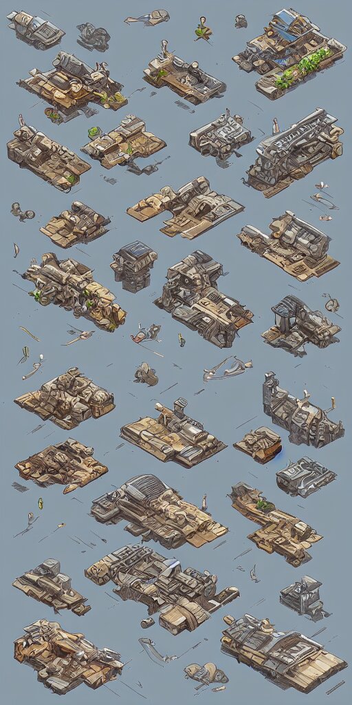 houses and shops with detailed architecture. old wrecked alien spaceships. pixel art asset sheet. isometric perspective. concept art. science fiction. 
