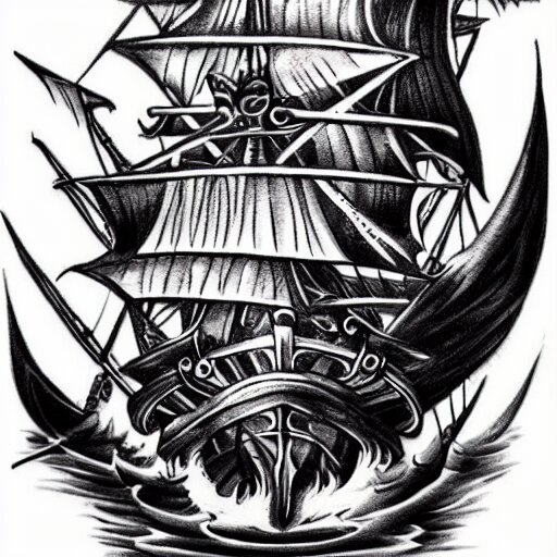 A magical pirate ship tattoo design on white background, hyper realistic shaded tattoo, award winning tattoo