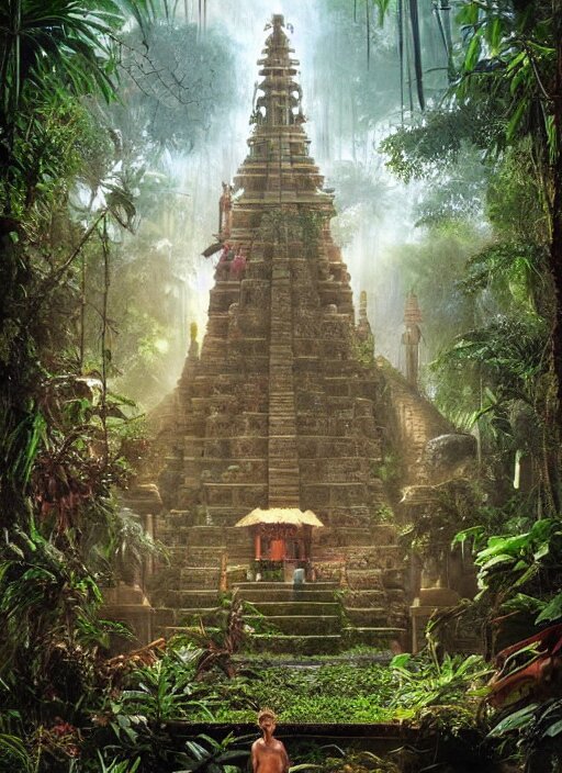 8 k concept art from a hindu temple lost in the jungle by david mattingly and samuel araya and michael whelan and dave mckean and richard corben. realistic matte painting with photorealistic hdr volumetric lighting. composition and layout inspired by gregory crewdson. 