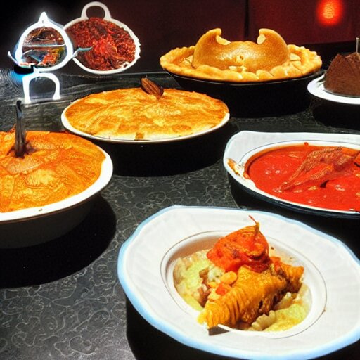 an lavish alien buffet with the following dishes : gul dukat torte, barbecued machine elf, buffalo angel's wings, mesculine coral, nutrino goulash, and tesseract pot pie 