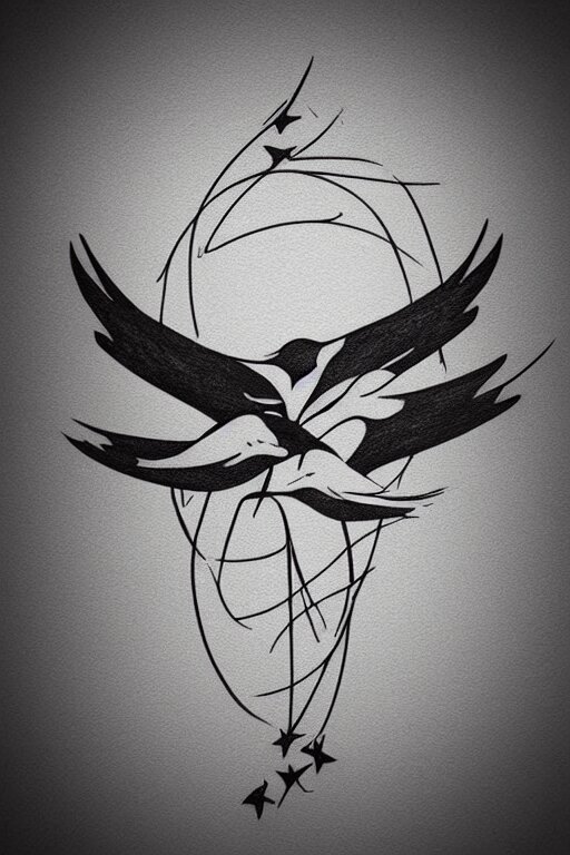 a beautiful swallow tattoo design of minimalist swallows flying into spherical lines and simple basic shapes, black ink, abstract logo, line art 