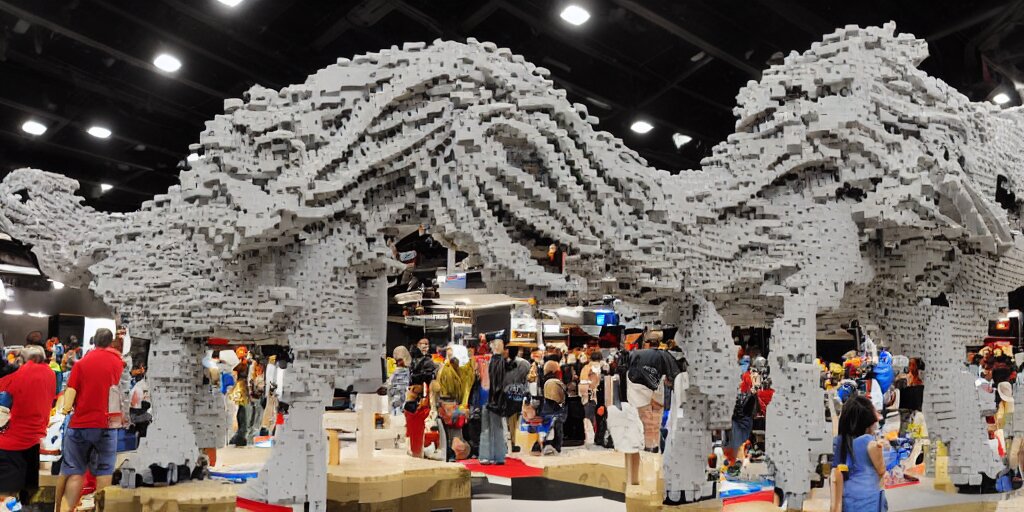 wide shot lens photo of a very intricately detailed and epically shaped 3. 5 meter long tifa lockhart lego sculpture designed by a master builder as displayed at a lego convention, low angle shot. 