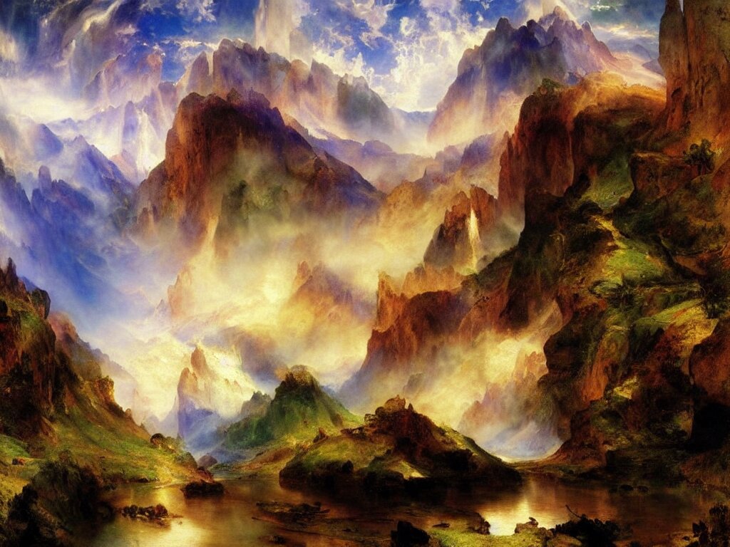 a beautiful landscape painting by thomas moran, trending on arstation 