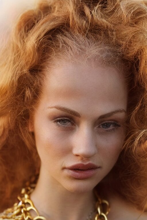 vintage photograph of an olive skinned female model with strawberry blonde hair in her twenties, her hair pinned up, wearing a designer top and one gold standard chain necklace, looking content, focused on her neck, photo realistic, extreme detail skin, natural beauty, no filter, slr, golden hour, 4 k, high definition, selfie 